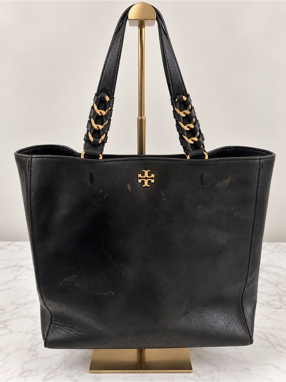 Tory Burch Black Leather Chain Handle Tote Gold Logo Shoulder Bag